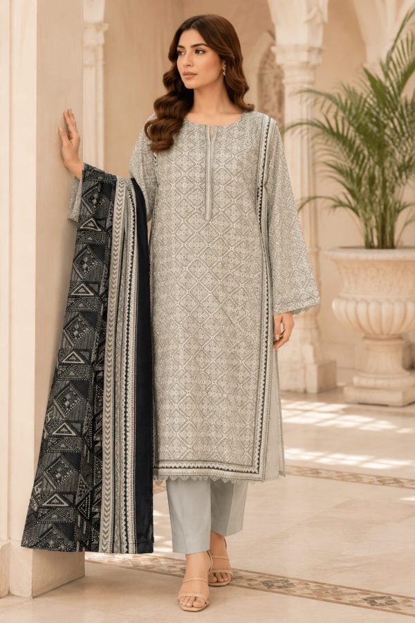 Elegant Grey & Black Printed 3-Piece Lawn Suit